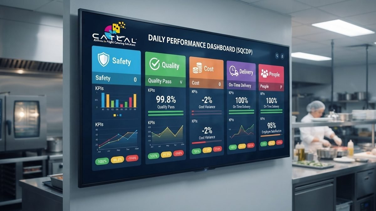 CatCal Dijital SLA Yöneticisi — Güvenlik, Kalite, Maliyet, Teslimat ve İnsan KPI'larını gösteren gerçek zamanlı SQCDP performans paneli
